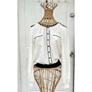 Girls Ivory Blouse Black Trim Long Sleeve Button Front Elegant Top